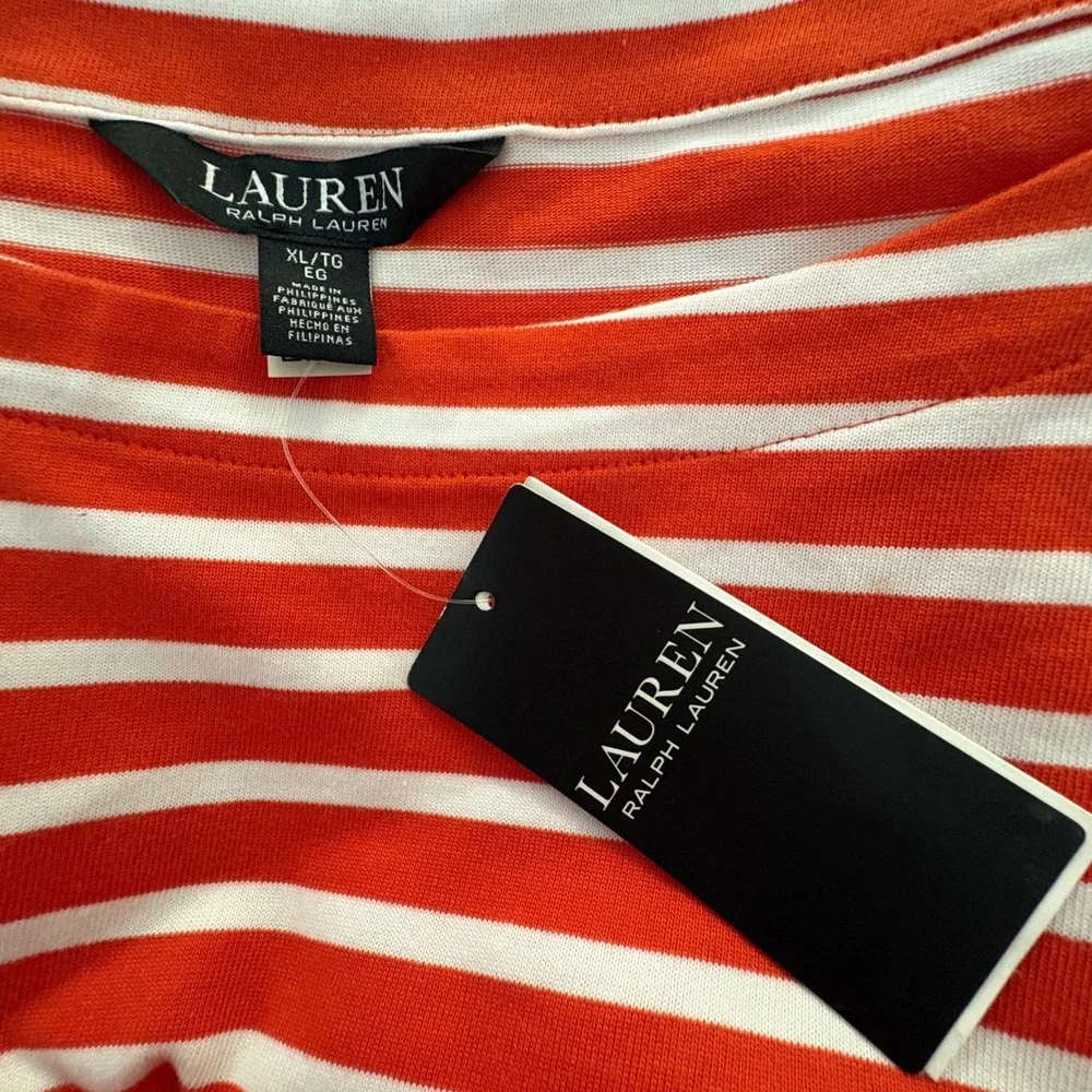 Lauren Ralph Lauren Top Women Orange White Boat Neck Nautical Long Sleeve XL NWT - Picture 3 of 16